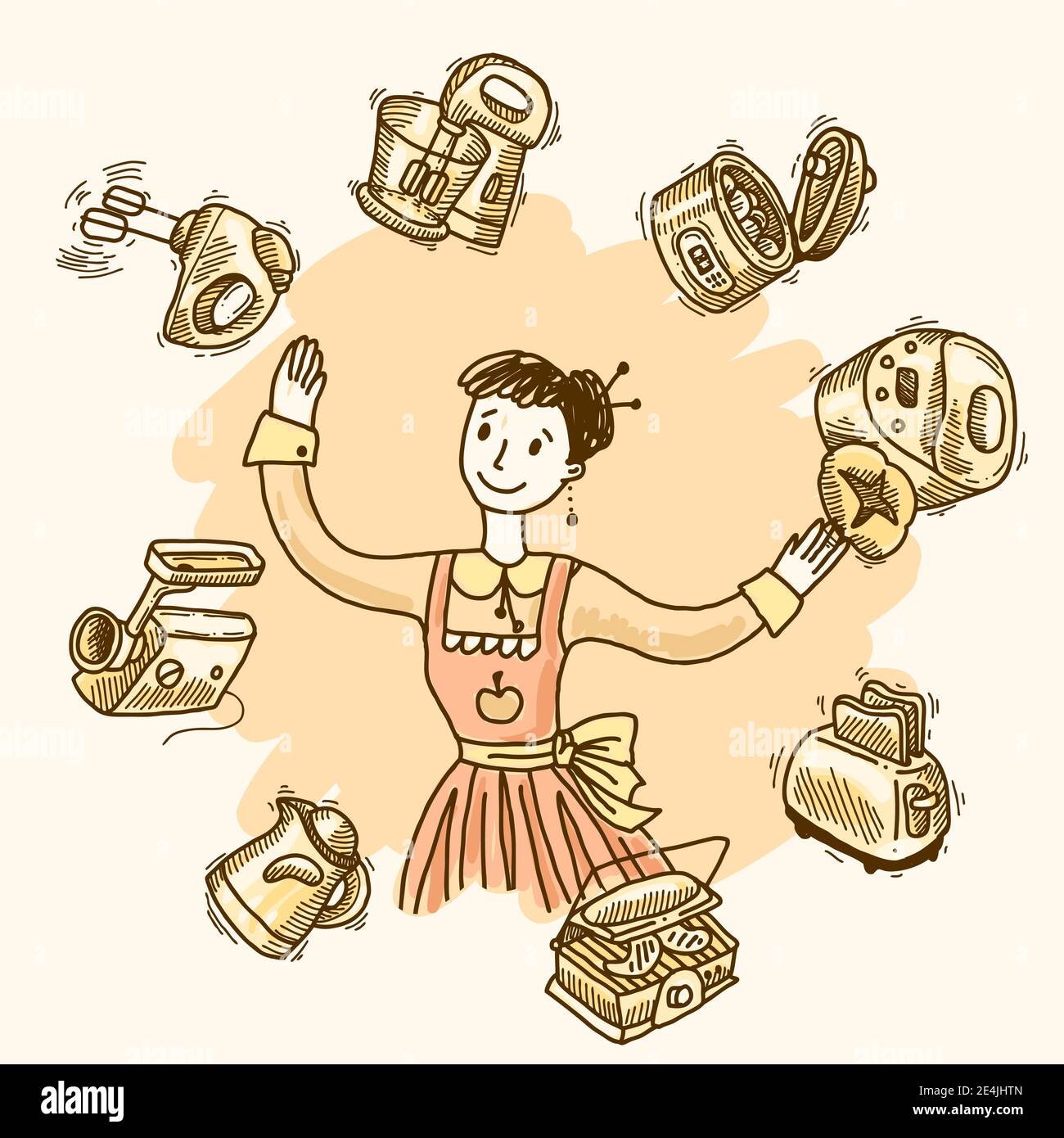 Woman with kitchen equipment and appliances hand drawn vector illustration Stock Vector