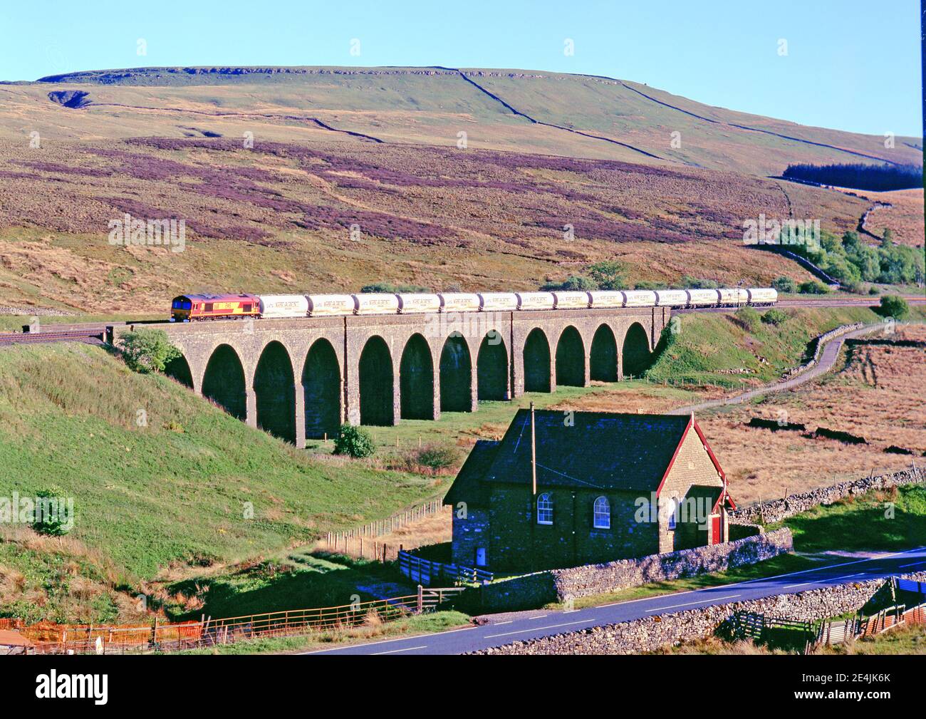Class on cement train at Dandy Mire Viaduct, Garsdale, Cumbria, Settle to Carlisle railway, England Stock Photo