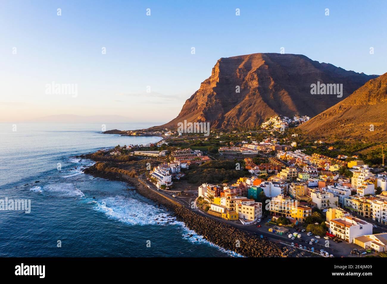 Vueltas in the evening light, Valle Gran Rey, drone shot, La Gomera, Canary Islands, Spain Stock Photo