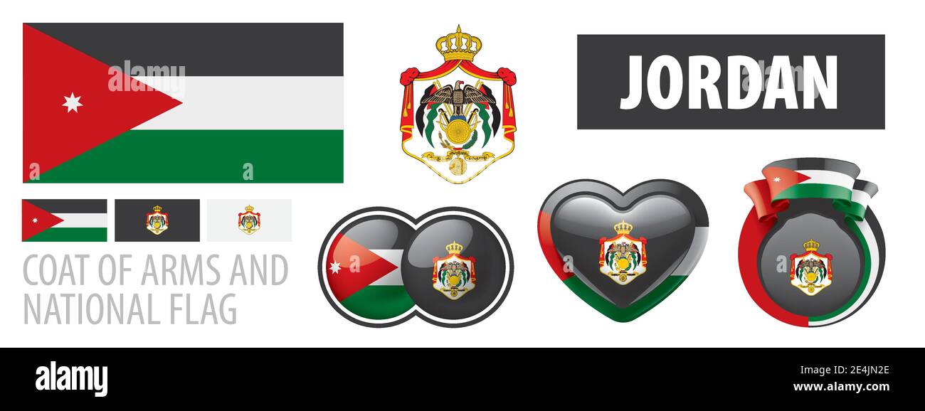 Vector set of the coat of arms and national flag of Jordan Stock Vector