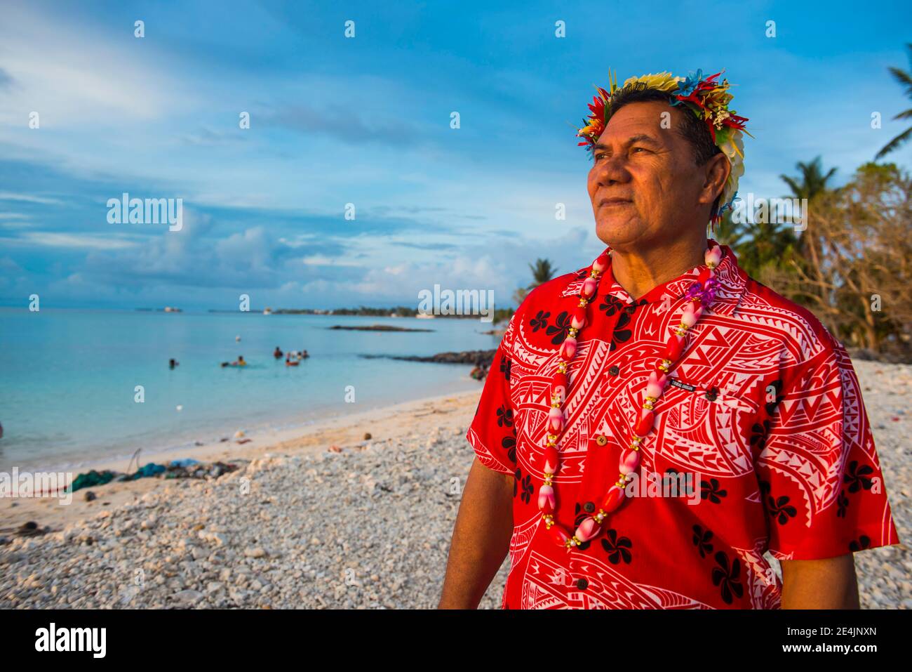 Traditional dressed man at beach, Funafuti, Tuvalu Stock Photo