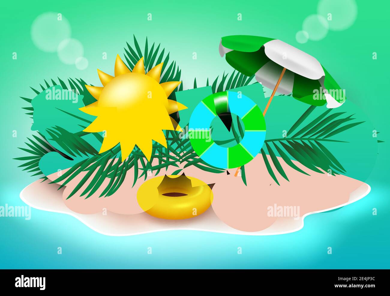 Summer vector banner design. Summer text in beach island background with sun and umbrella elements for fun and enjoy holiday season. Stock Vector