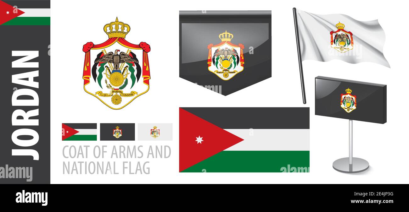 Vector set of the coat of arms and national flag of Jordan Stock Vector