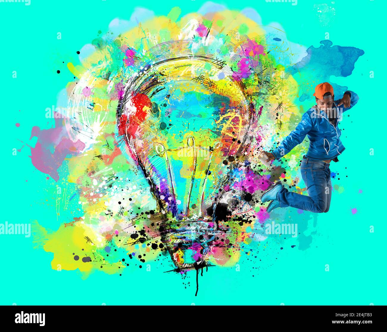 Man draws with spray a big stylized light bulb on cyan background. Concept of innovation and creativity Stock Photo