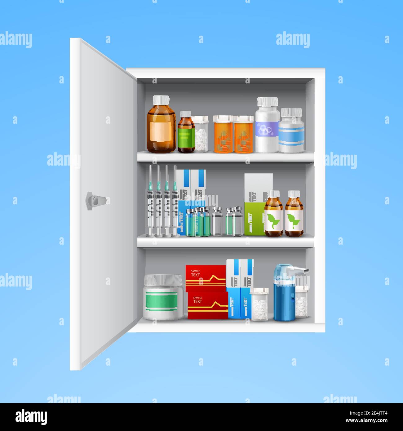 Medicine cabinet with tablets pills bottles drops realistic isolated on white background vector illustration Stock Vector