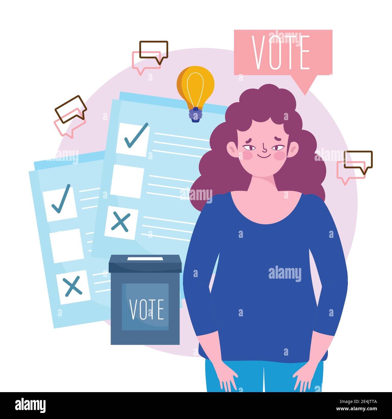 young woman vote elections box and ballots with check mark vector