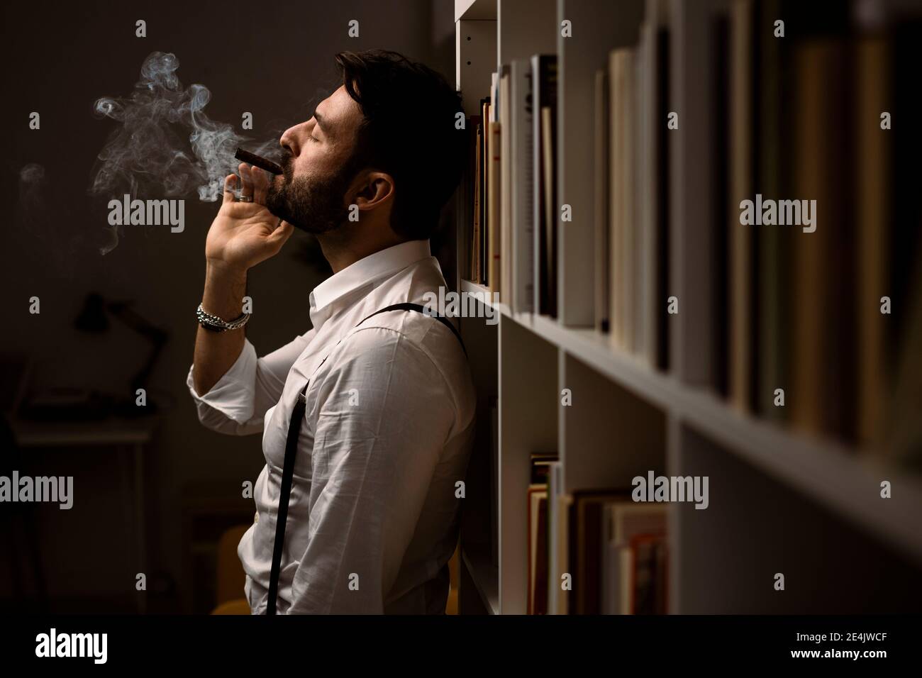 Portrait of bearded man smoking cigar in front of bookshelf Stock Photo