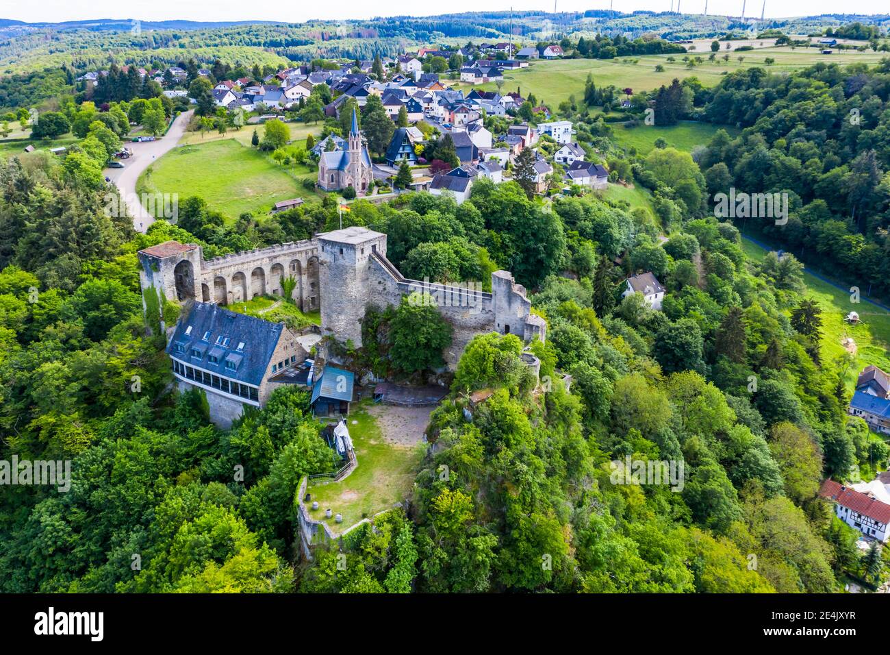 Aerial view of Burg Hohenstein, Bad Schwalbach, Rheingau-Taunus-Kreis, Hesse, Germany Stock Photo