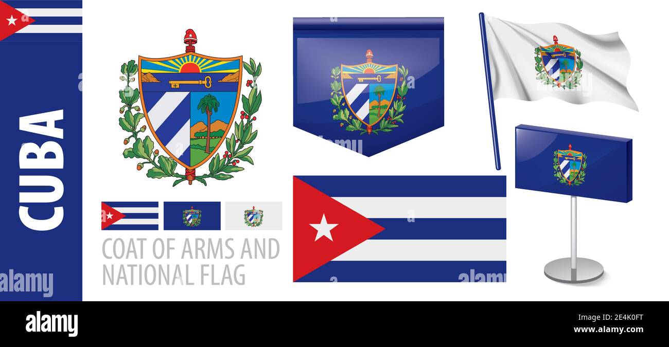 Vector set of the coat of arms and national flag of Cuba Stock Vector