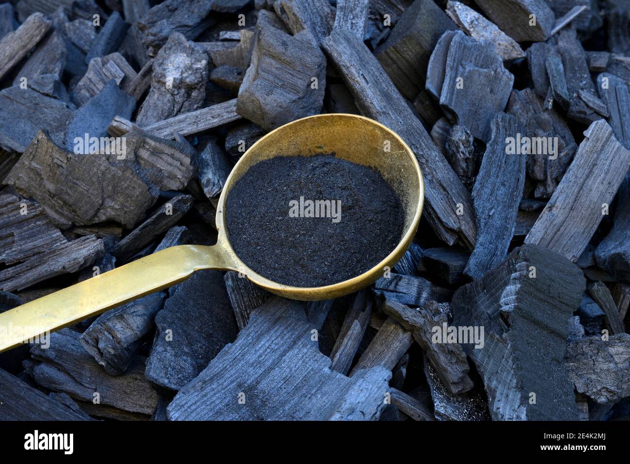 Charcoal and powdered charcoal in trowel, wood, coal, charcoal, powdered charcoal Stock Photo