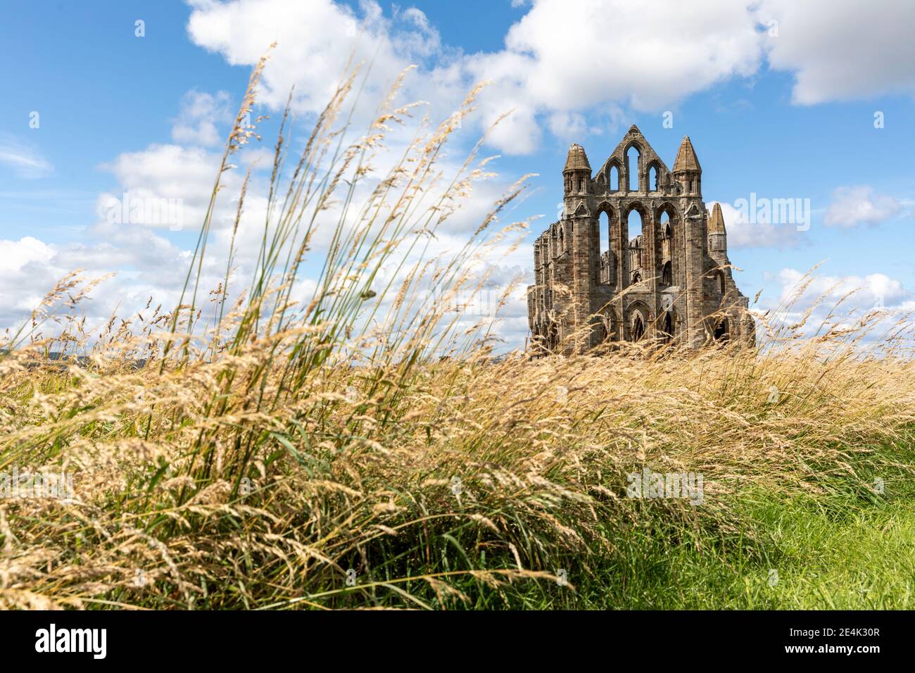 Whitby abbey grassy l against cloudy sky during sunny day hires stock