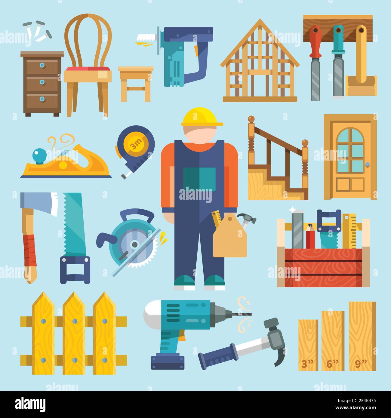 Carpentry Industry Icons Flat Set With Toolbox Hammer Work Kit Isolated Vector Illustration