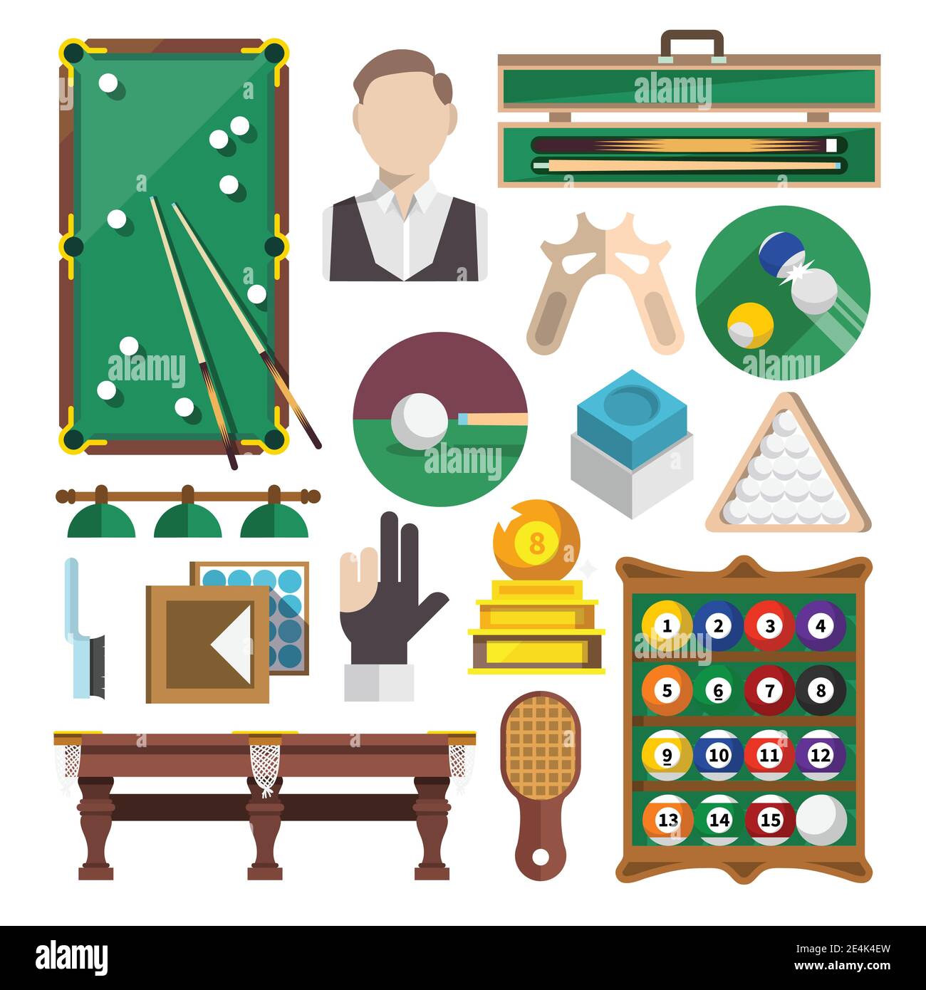 Billiards snooker pool game decorative icons flat set isolated vector