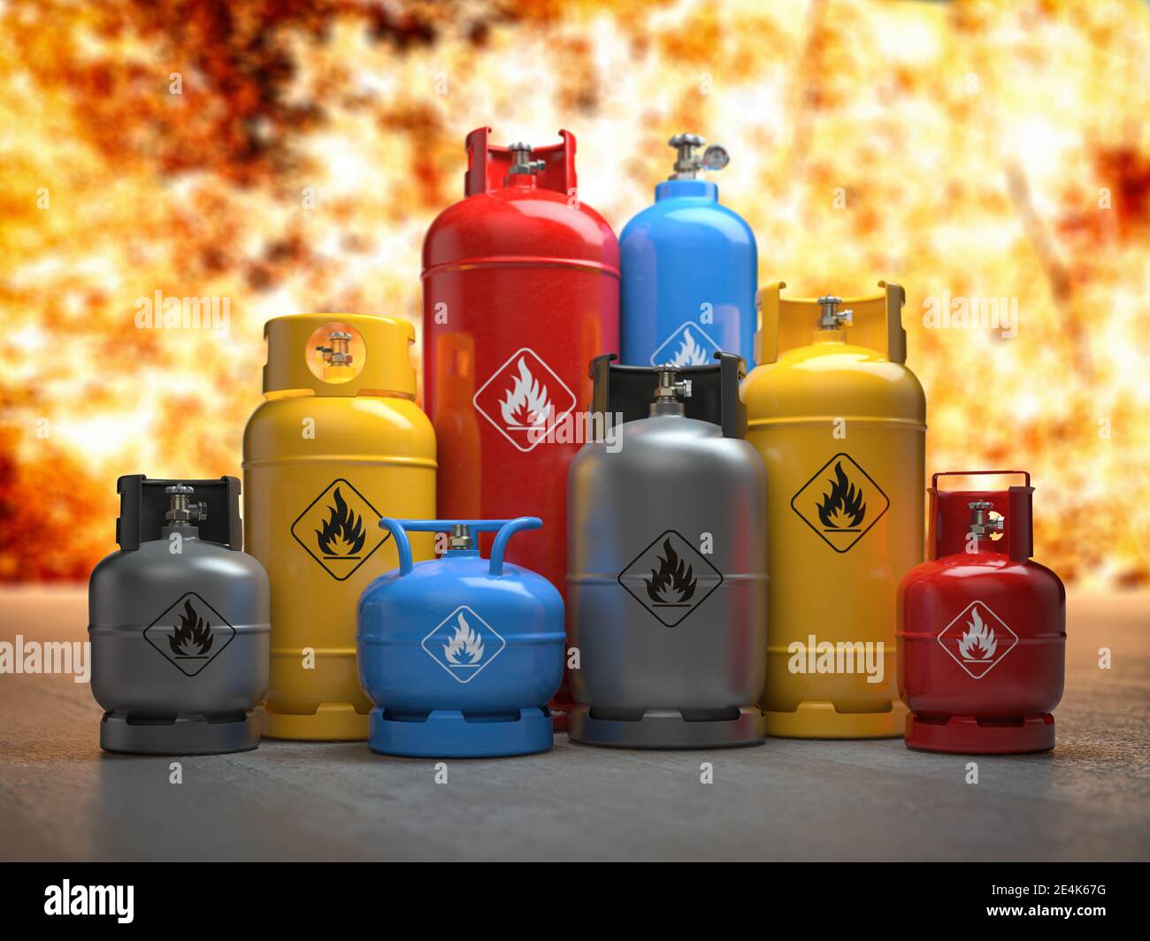 Gas tanks or bottles on explosive flame and fire background. Danger of