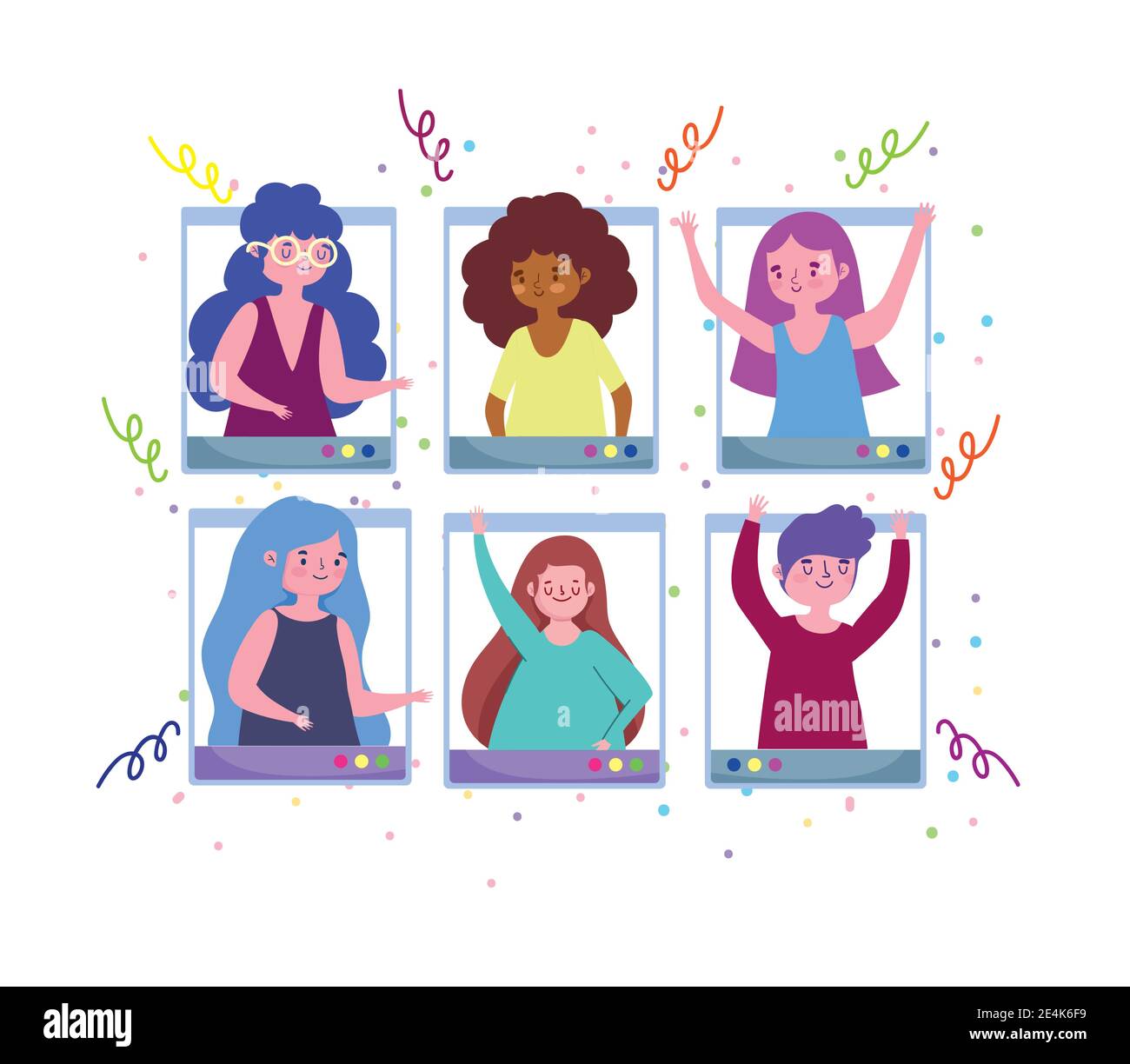 Internet Party virtual party, people connected by internet celebrating party vector ...