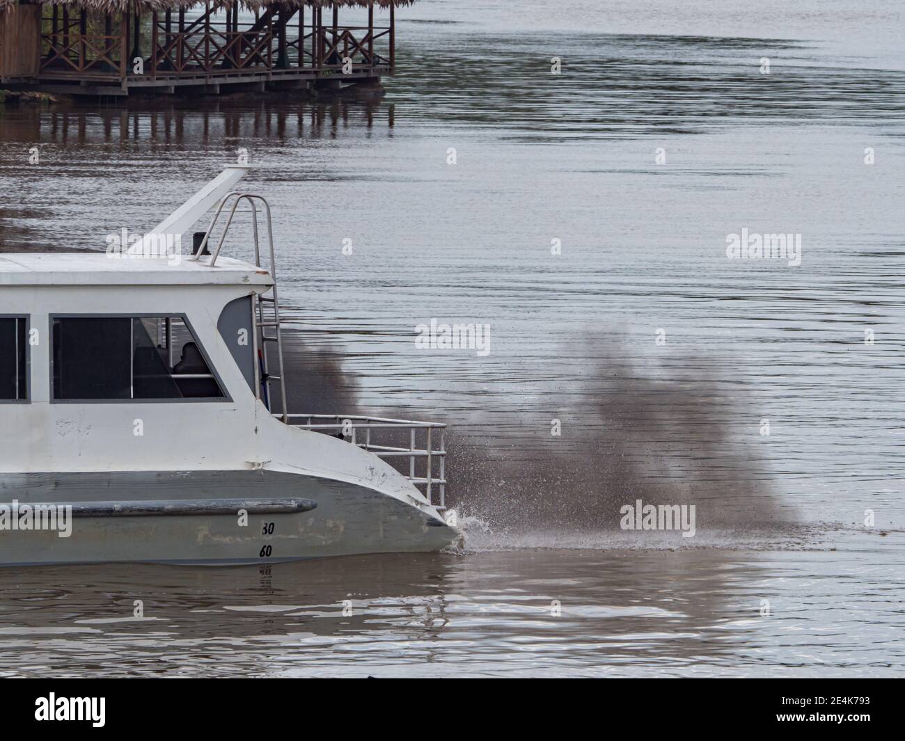 Pebas, Peru - December 04 , 2018:  Speed boat on  the Amazon River. It transport people from Santa Rosa to Iquitos during 13-14 hours. It route is abo Stock Photo