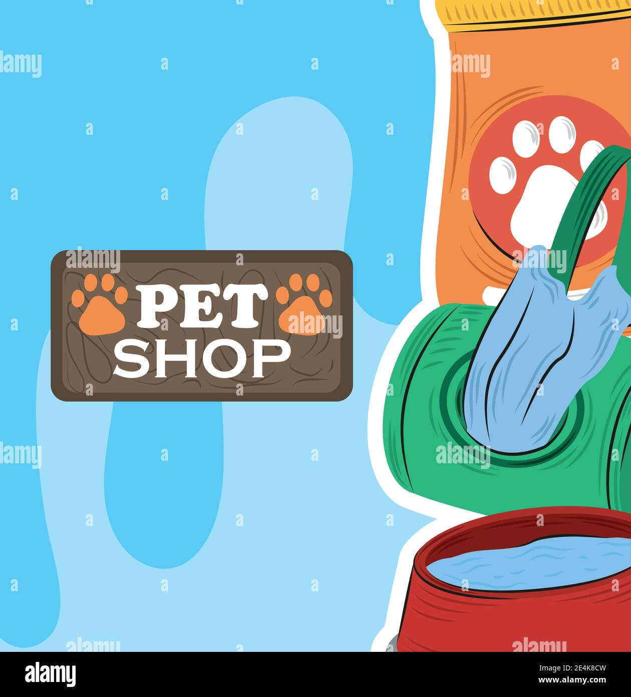 pet shop bowl water food package and bags blue background vector illustration Stock Vector Image