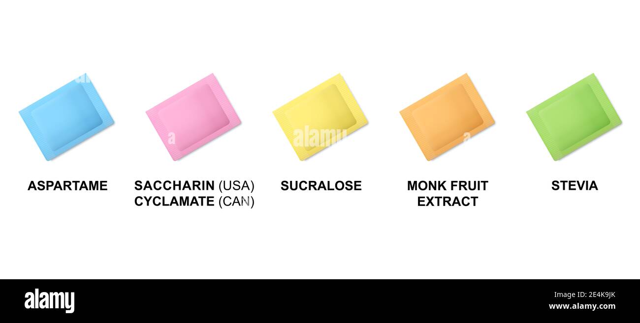 Sweetener packets, color definition. Color codes of sugar substitute pouches. Stock Photo