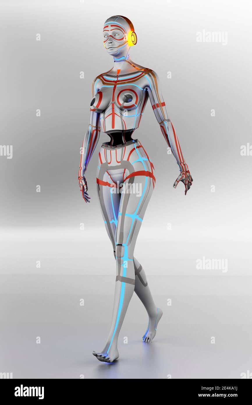 3D illustration of female cyborg walking on silver background Stock Photo