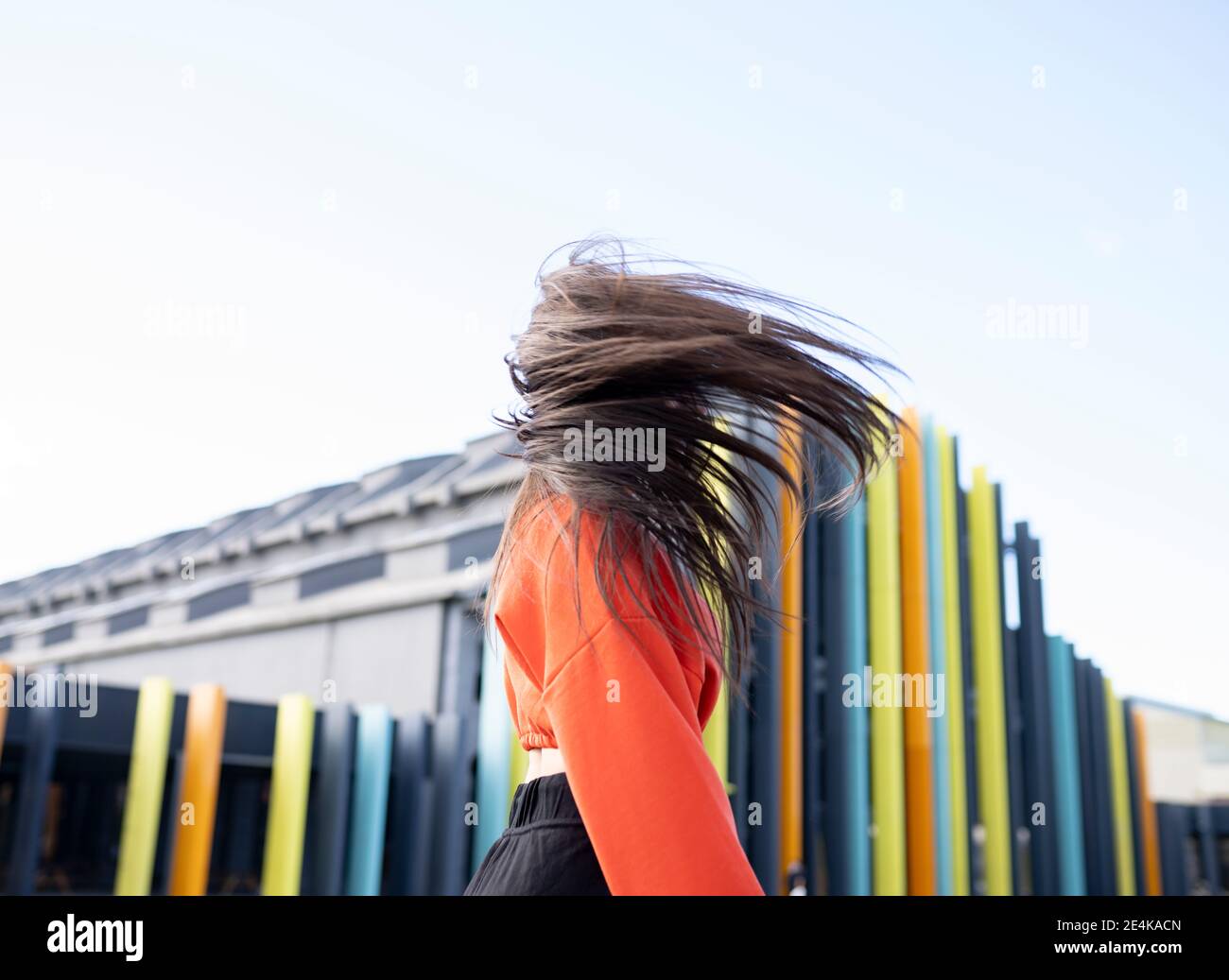 Portrait of long-haired brunette tossing hair Stock Photo