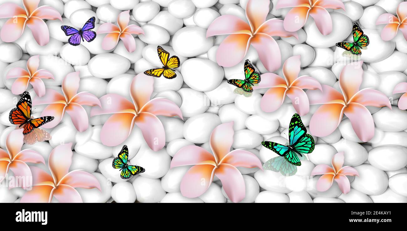 White stone  Wallpaper with flowers and butterfly's - Image Stock Photo