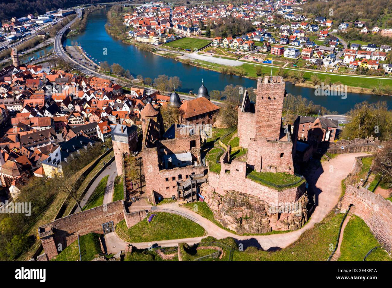 Germany, Baden-Wurttemberg, Wertheim am Main, Helicopter view of Wertheim Castle and surrounding town in summer Stock Photo