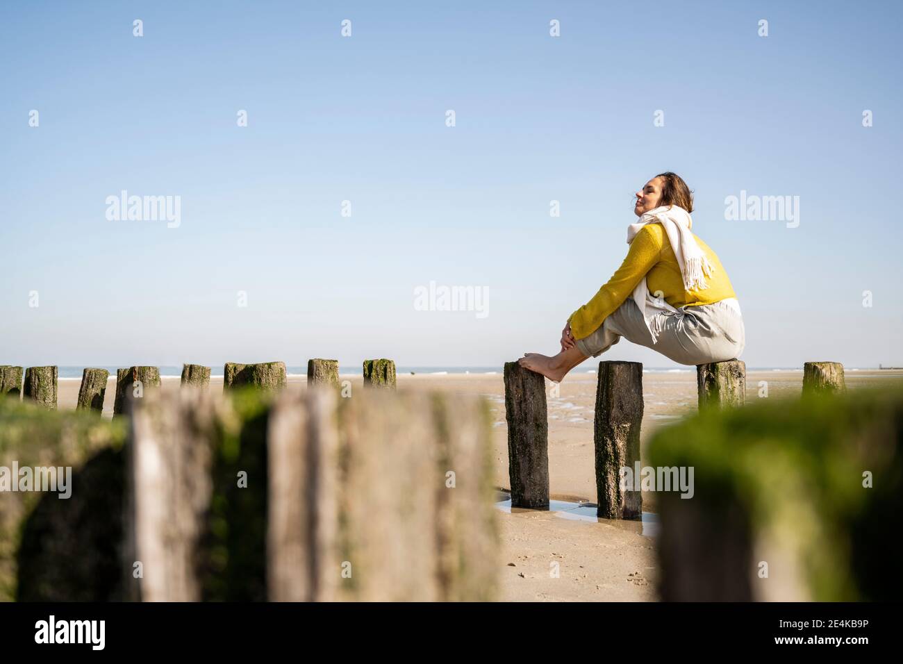 Mature woman sitting on wooden post at beach against clear sky Stock Photo
