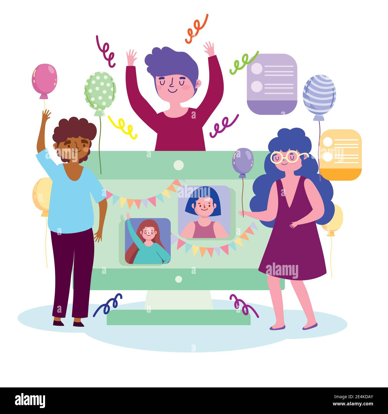 virtual party, people connected with video call with computer vector ...