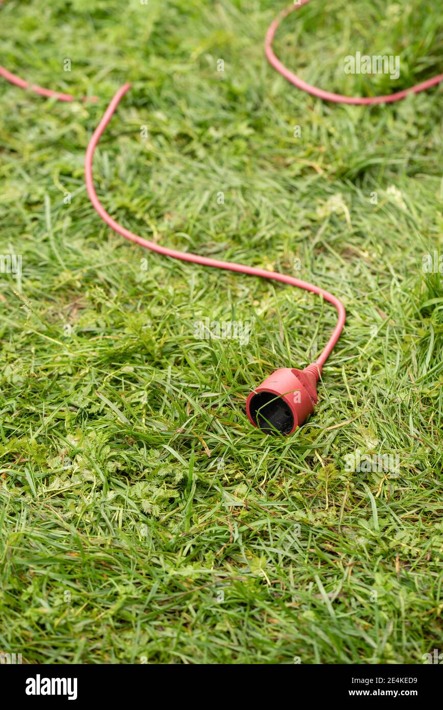 Extension cord lying on green grass Stock Photo Alamy