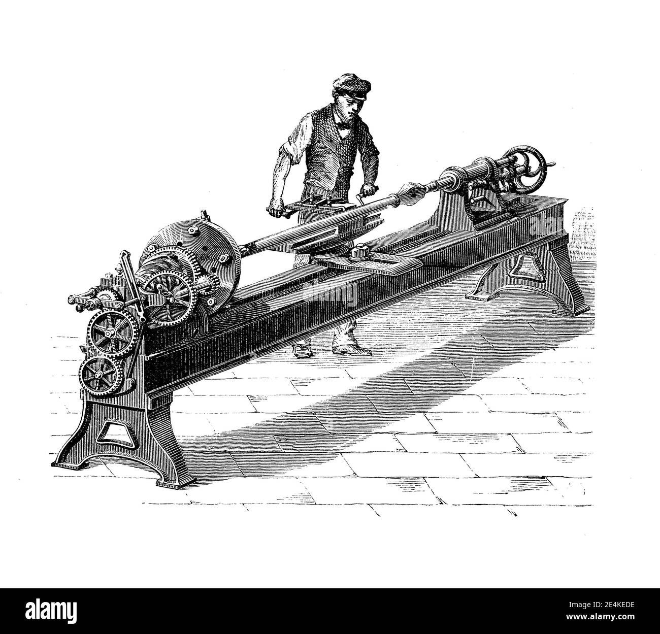 parallel lathe,  with a spindle bearing several grinding wheels of different sizes operating simultaneously, 19th century engraving Stock Photo