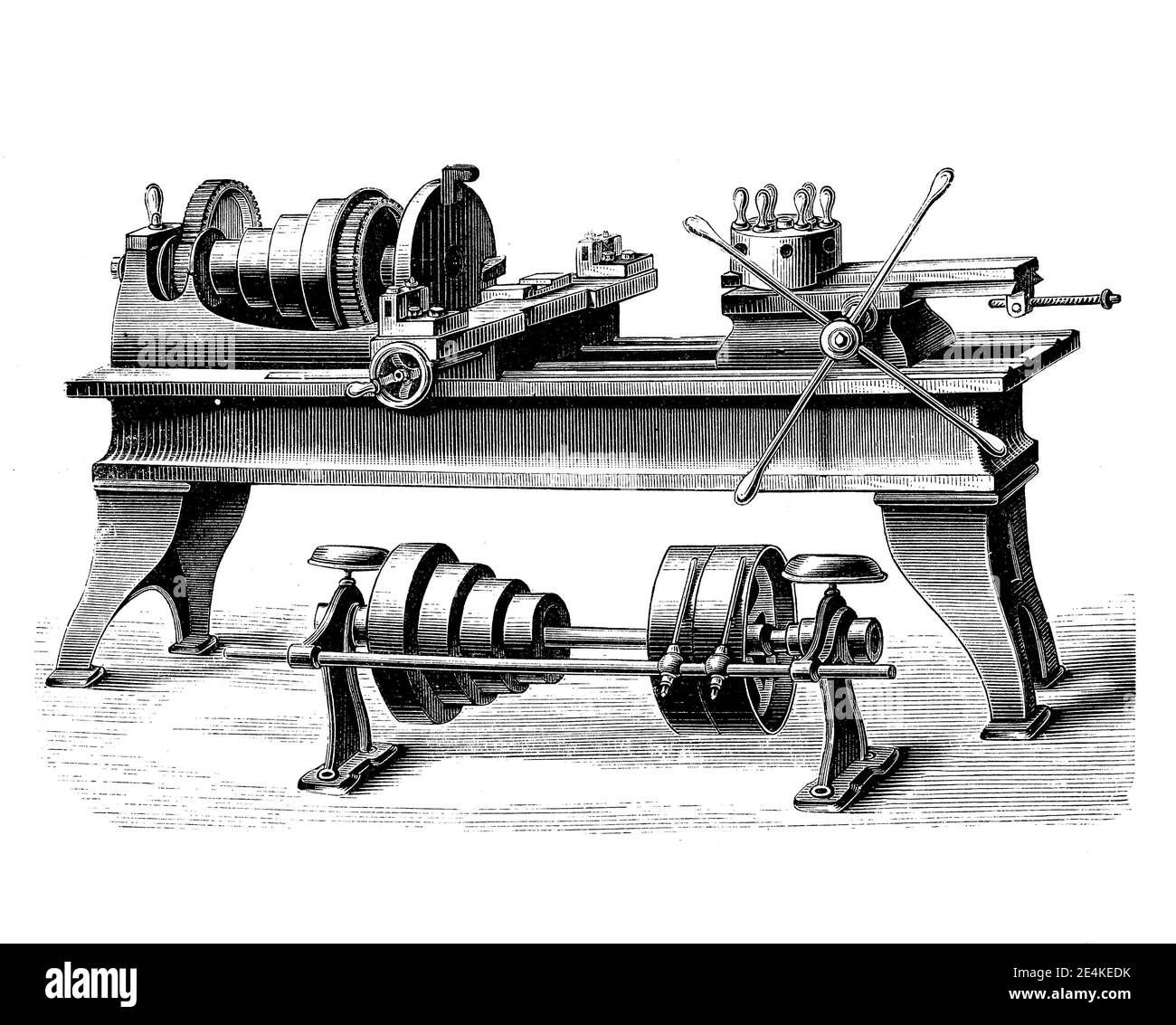metalworking lathe with revolver head, toolholder that allows multiple cutting operations to be performed, each with a different cutting tool in rapid succession, 19th century engraving Stock Photo