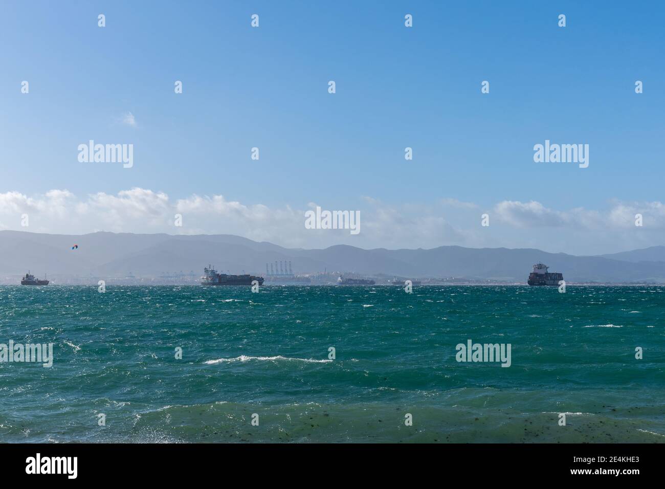 La Linea de la Concepcion, Spain - 22 January 2020: freight ships and container ships in the Bay of Gibraltar waiting to unload cargo Stock Photo