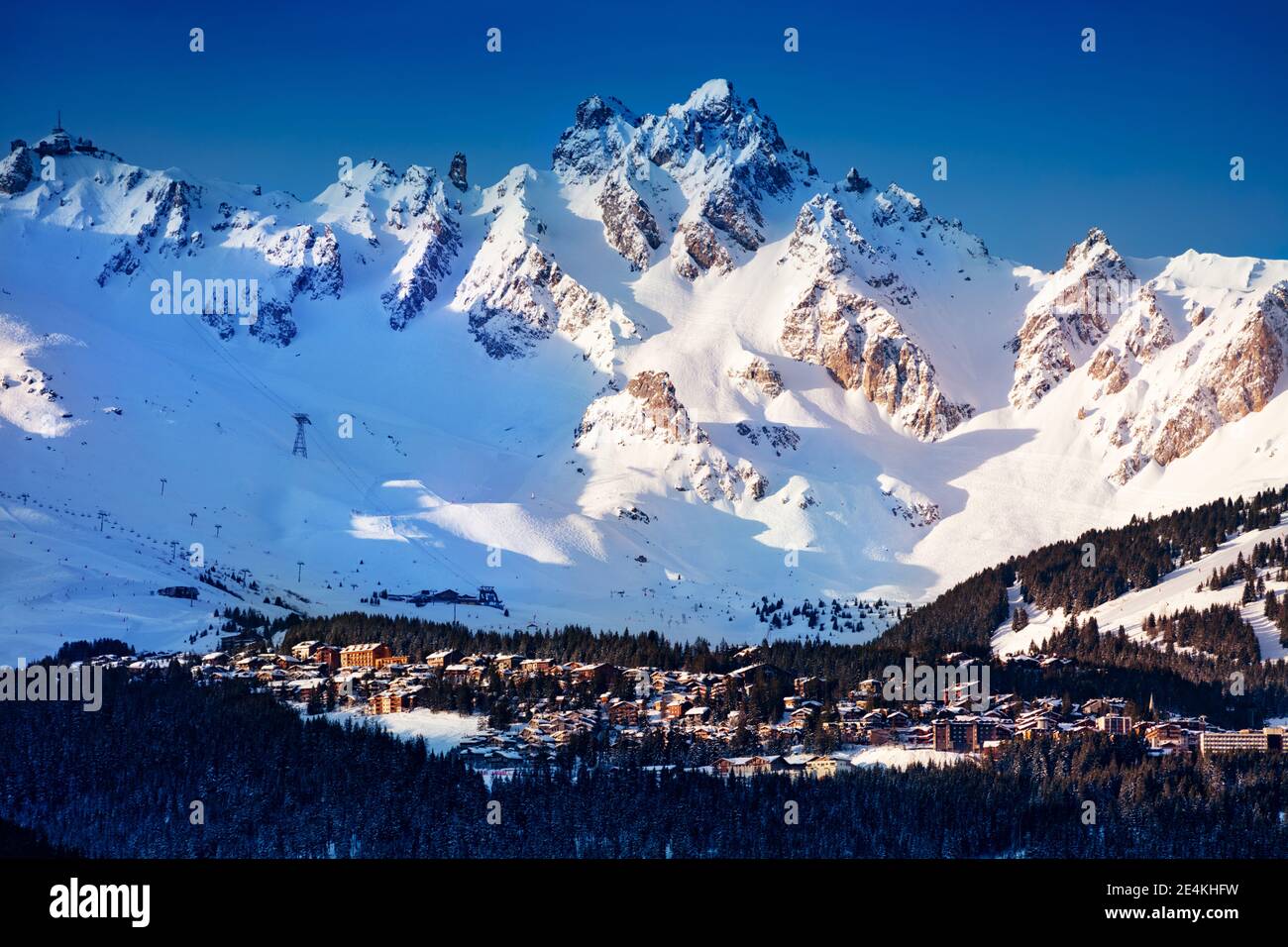 Panorama of Courchevel valley and ski resort with Alps mountain peaks view from Champagny-en-Vanoise Stock Photo