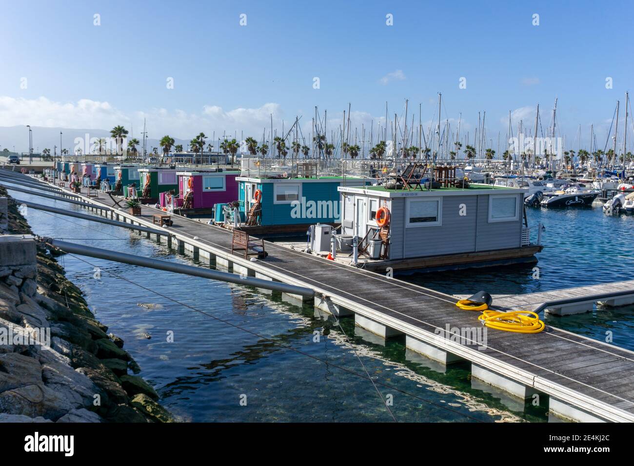 La Linea de la Concepcion, Spain - 22 January 2020: colorful houseboats in the marina near Gibraltar Stock Photo