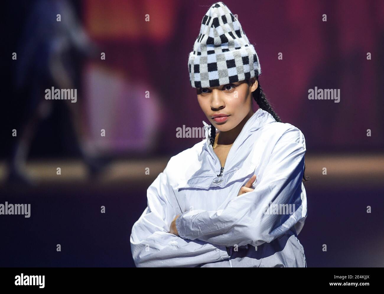 Berlin, Germany. 23rd Jan, 2021. A model presents a creation by Adidas at  the About You Fashion Week at Kraftwerk Berlin. The Berlin Fashion Week for  the autumn/winter season 2021/2022 takes place