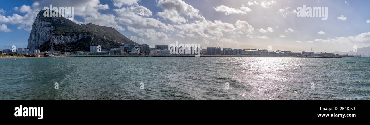 La Linea de la Concepcion, Spain - 22 January 2020: panorama view of the Alcaldesa Marina and the Rock of Gibraltar Stock Photo