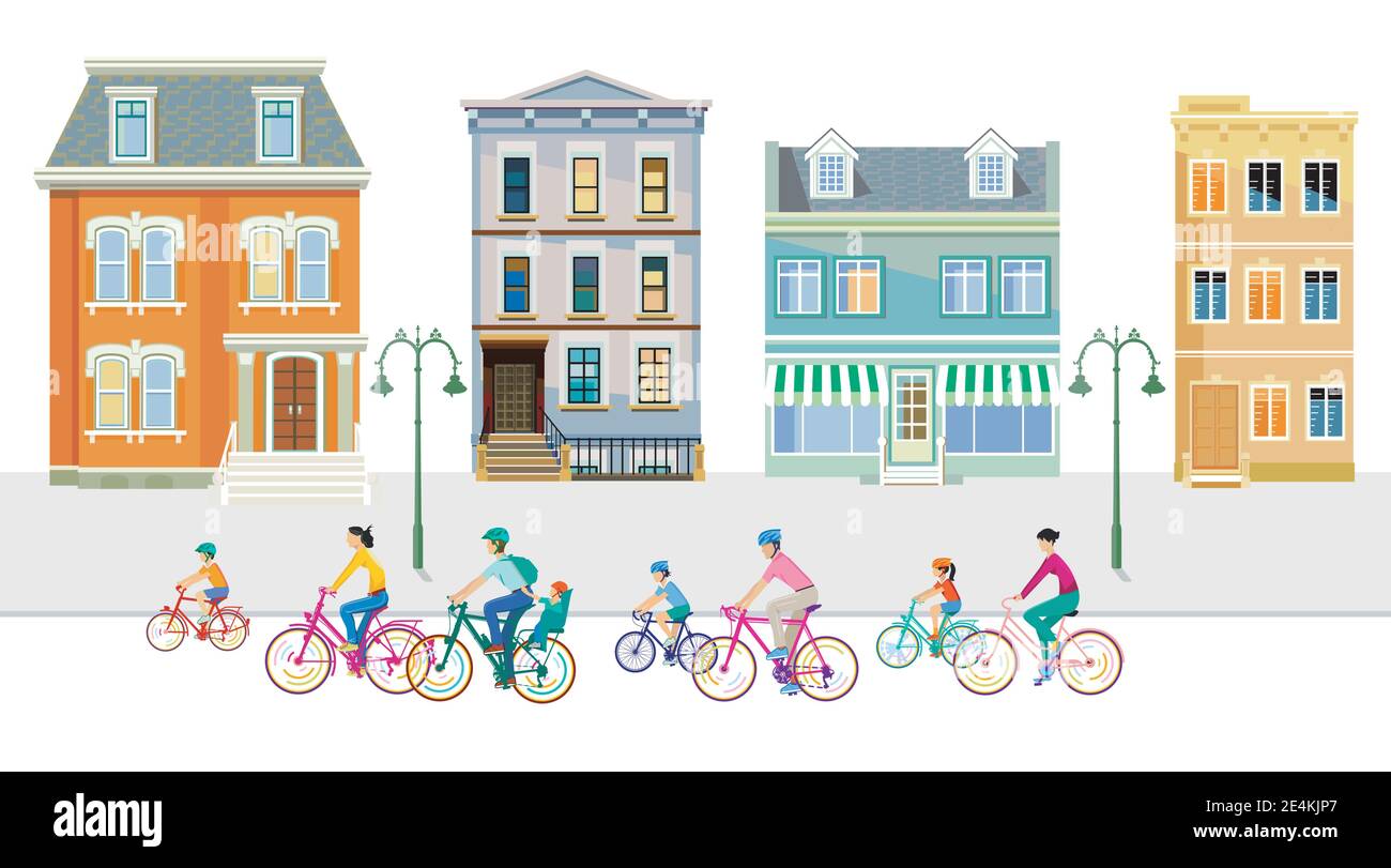 Cyclists in the suburb with apartment buildings Stock Vector