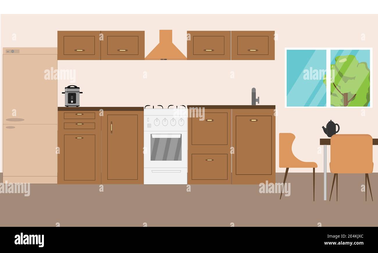 Brown kitchen with modern design with window, kitchen table and chairs ...