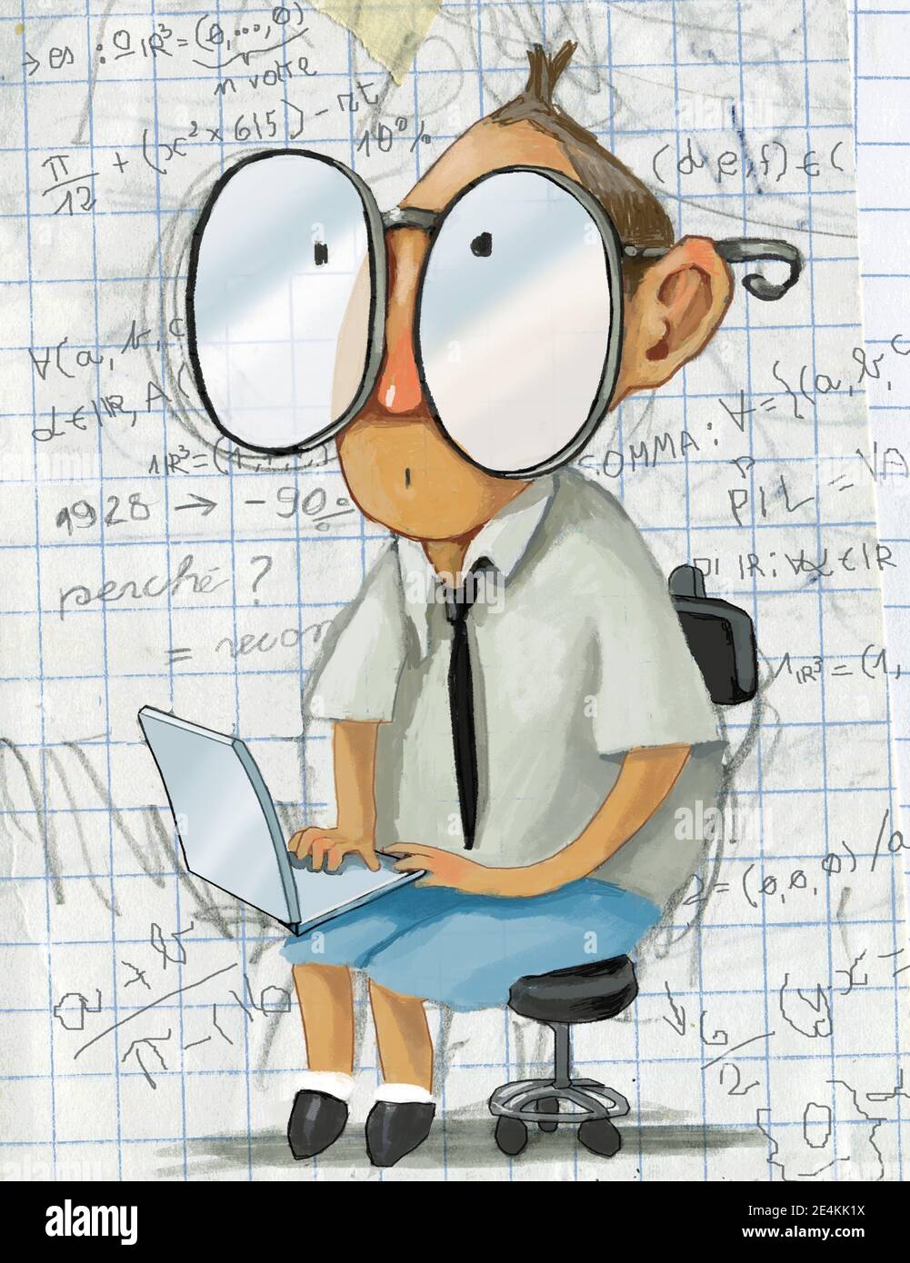 boy with huges glasses and computer on the background a page of math clipboard digital drawing concept of study and school Stock Photo