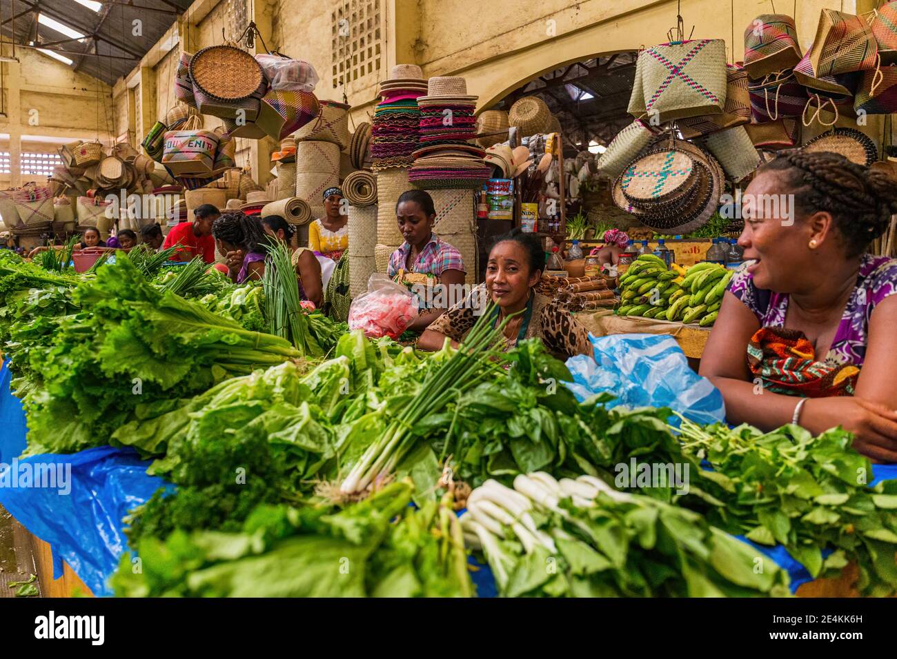 Women selling their products at the central market of Andoany (Hell-Ville), Nosy-Be - Madagascar Stock Photo