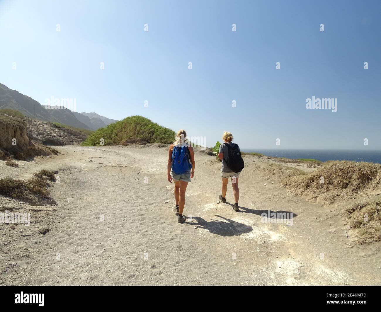 Two people hiking, walking tour, Cape Verde, Santo Antao island, outdoor, solo. Stock Photo