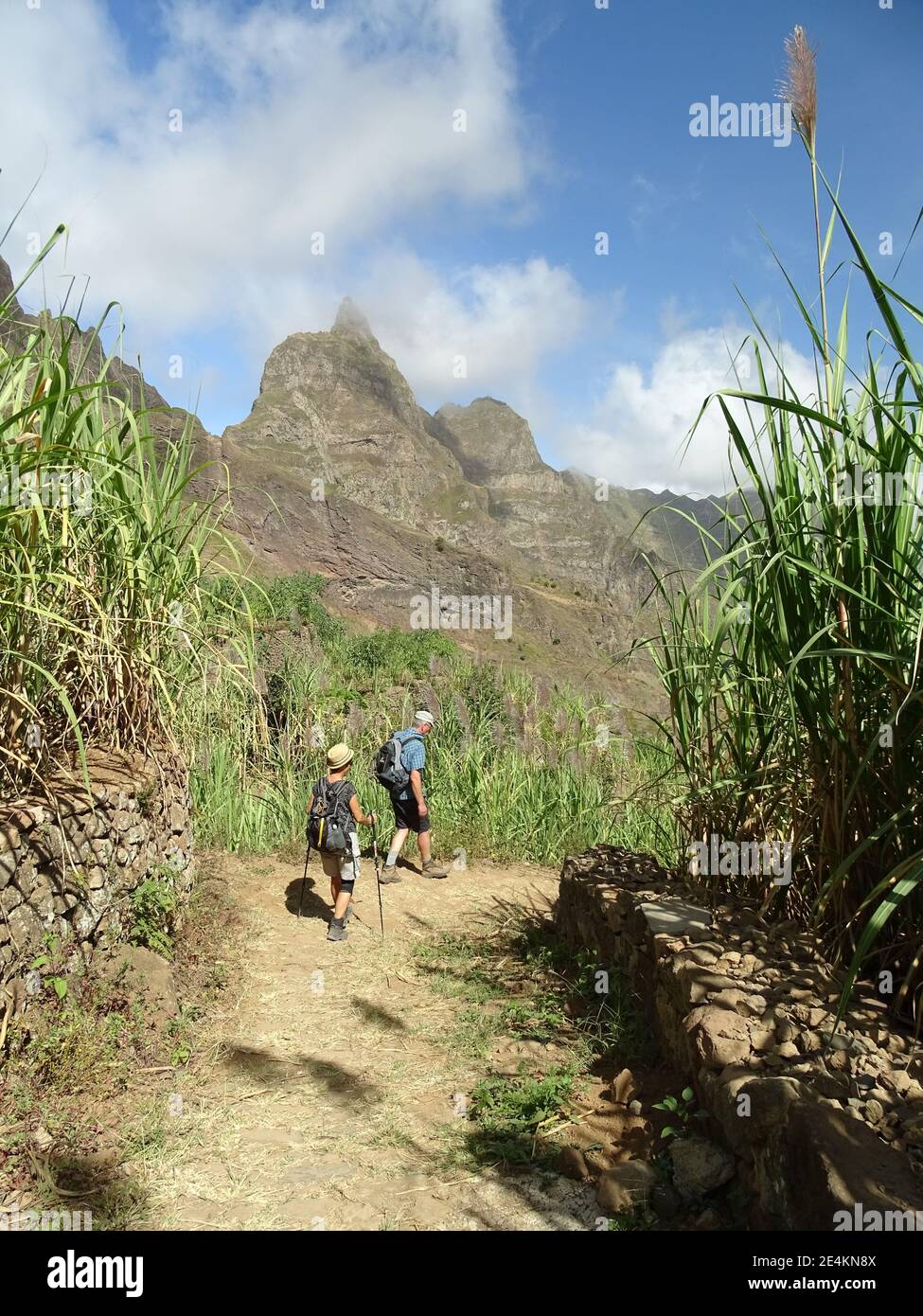 Two people hiking at Cape Verde, Santo Antao island. Stock Photo