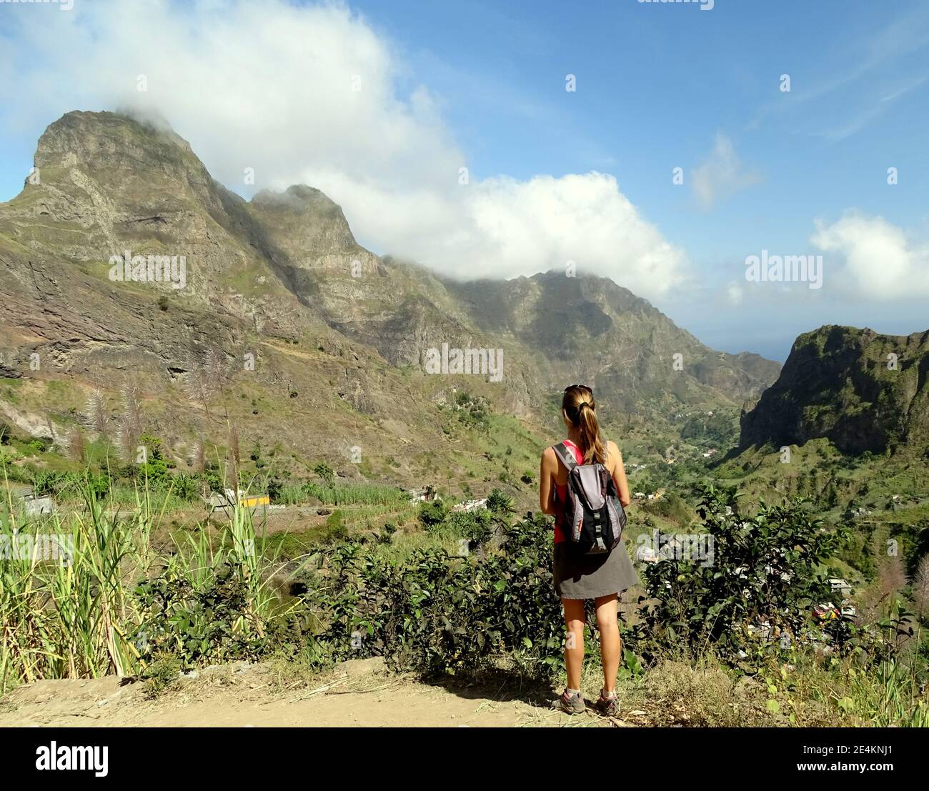 Cape Verde, Santo Antao island, woman during walking tour with great landscape in background, solo. Stock Photo