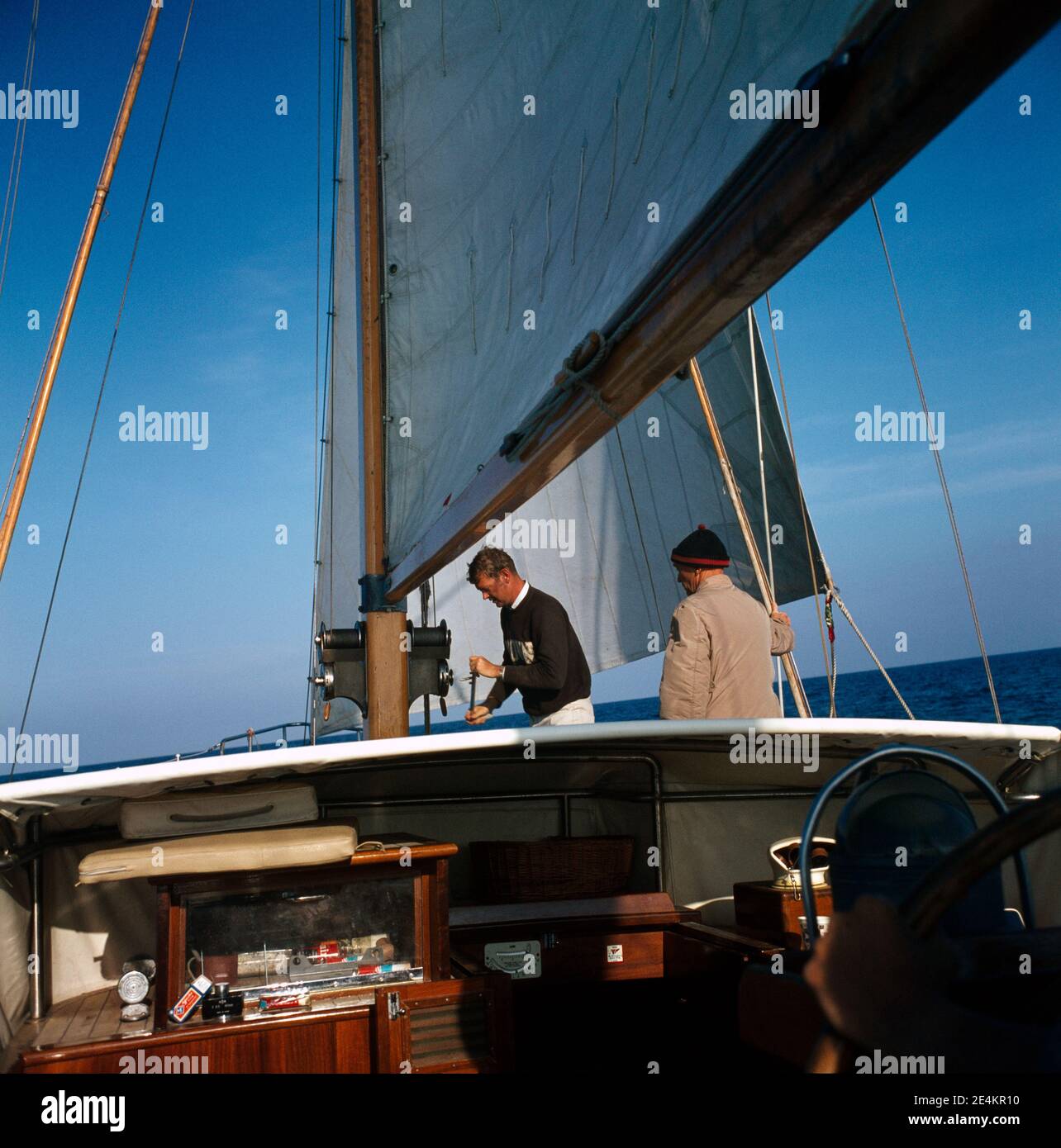 Men Onboard Sailing Boat Asperida Stock Photo