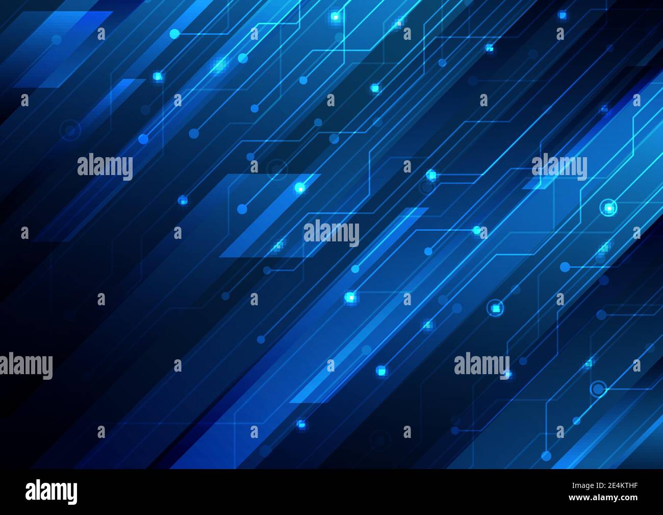 Abstract blue diagonal stripes and circuit on dark blue background ...