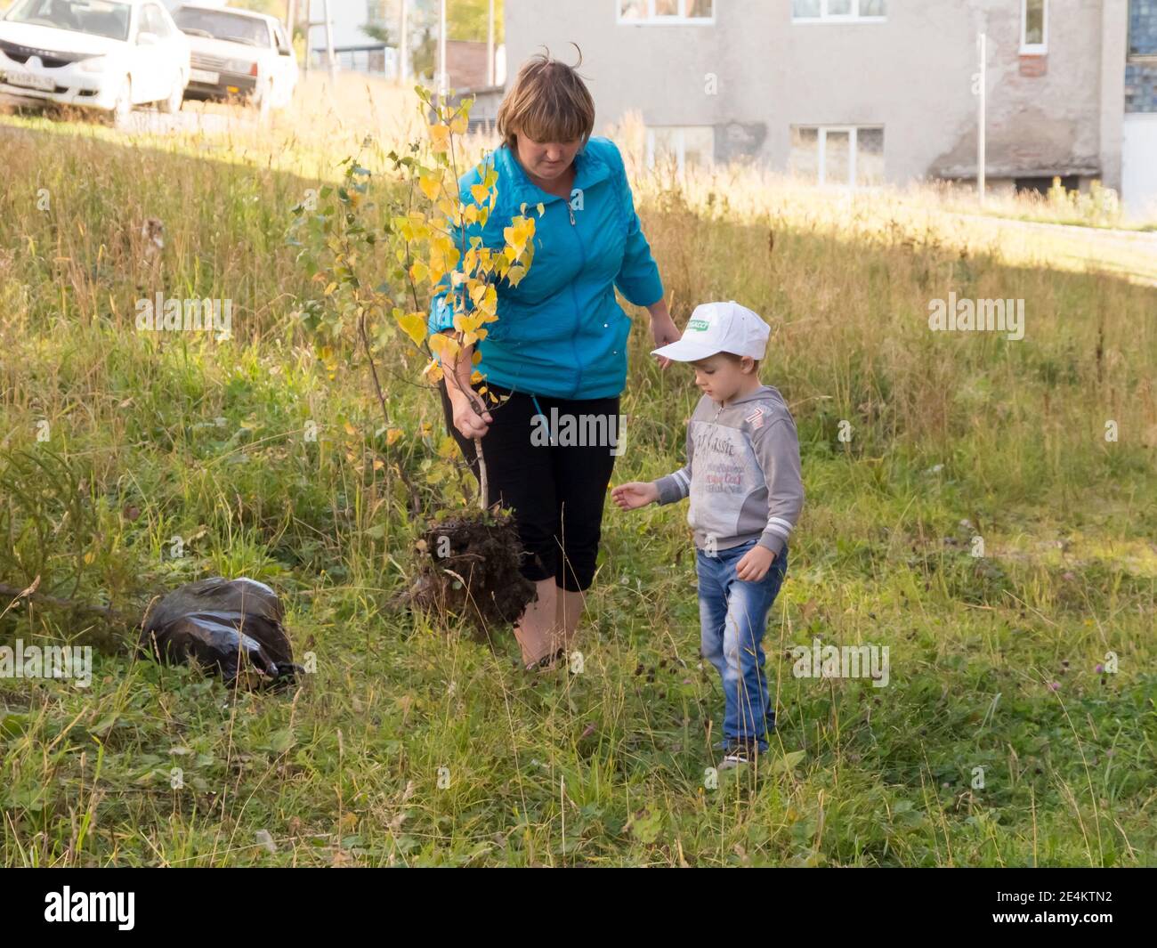 Mother and son plant ball-root seedling of trees near the house on the street on a sunny autumn day. Stock Photo