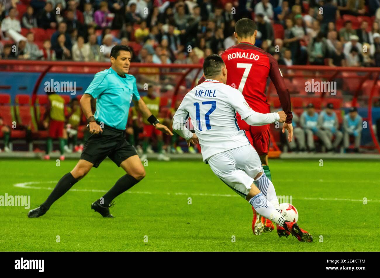 Kazan, Russia – June 28, 2017. Chile national football team midfielder Gary Medel against Portugal captain Cristiano Ronaldo during FIFA Confederation Stock Photo