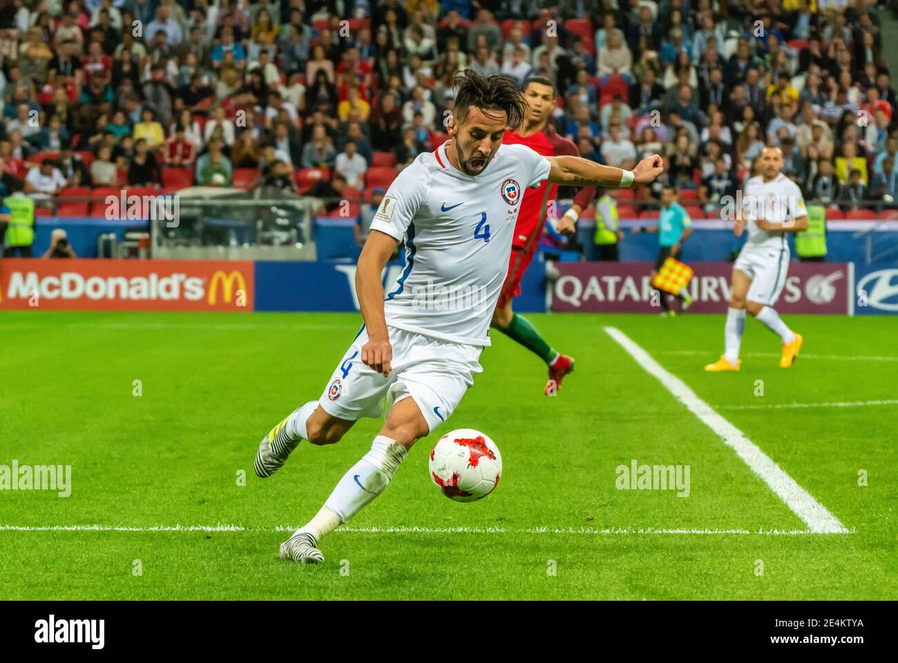 Kazan, Russia – June 28, 2017. Chile national football team midfielder Mauricio Isla in action during FIFA Confederations Cup 2017 semi-final Portugal Stock Photo