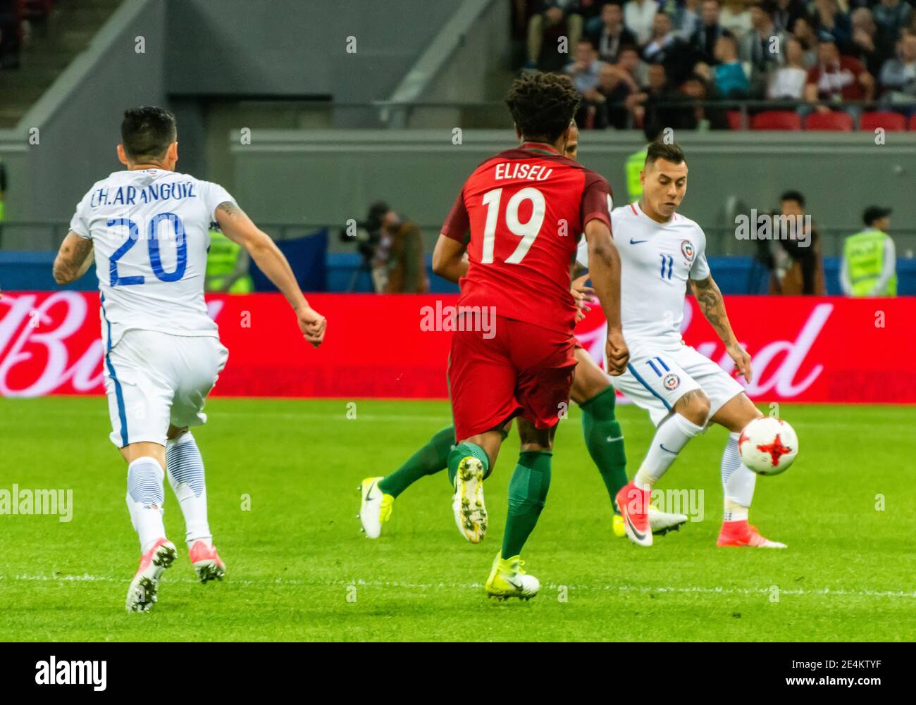 Kazan, Russia – June 28, 2017. Players Charles Aranguiz, Eliseu and Eduardo Vargas during FIFA Confederations Cup 2017 semi-final Portugal vs Chile. Stock Photo