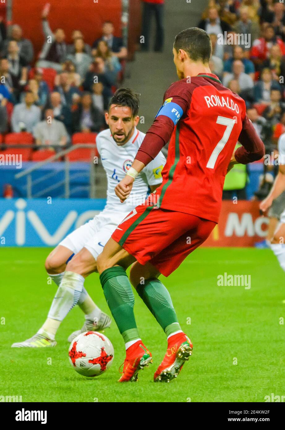 Kazan, Russia – June 28, 2017. Portugal national football team captain Cristiano Ronaldo in action during FIFA Confederations Cup semi-final Portugal Stock Photo